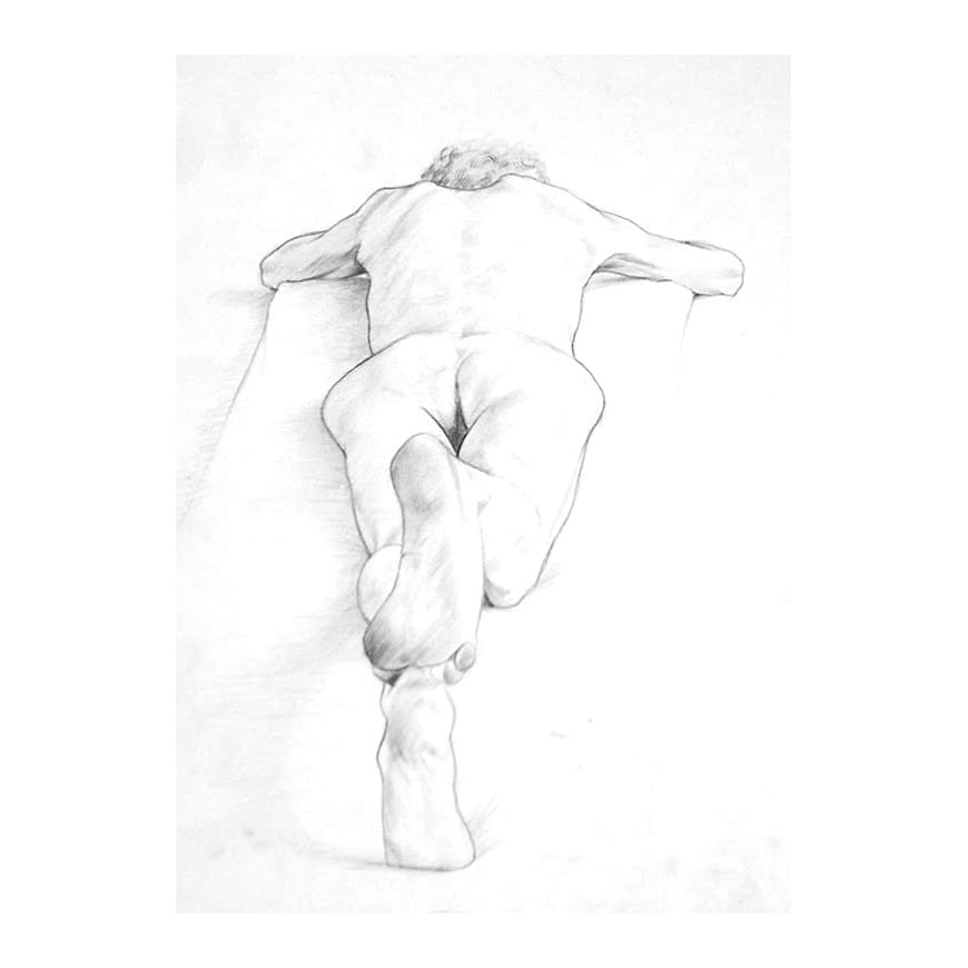 Black and white drawing of prone nude figure